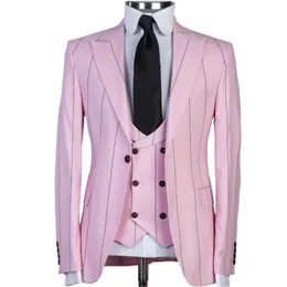 Najnowsze szerokie paski Projekt Mężczyźni szczytowe Lapel Slim Fit Tuxedo Masculino Blazer Prom Daily Wear Made Custom Made Jacket+Spodnie+Kamizelka D562#