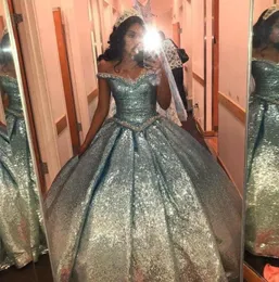 Blue Sequins Satin Ball Gowns Sweet 16 Dresses 2021 Crystals Beaded Off The Shoulder Prom Girls Pageant Dress Quinceanera Gowns5547198