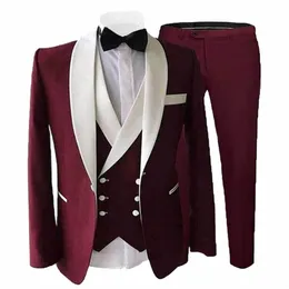 Burdy Men Suits Slim Fit Custom Wedding Men Tuxedos 형식 부신 3 조각 정장 재킷 조끼 바지 Trajes de Hombre J0cr#