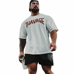 Fitn Thavage Camisa Homens Correndo Esportes Soltos T-shirt Oversized Manga Curta Cott Verão Musculação Treino Top Masculino k3oa #