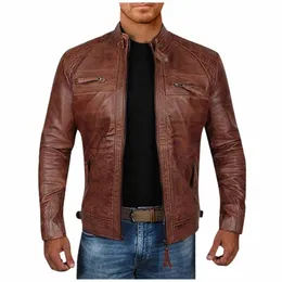 male coat Spring Autumn Short Cool Black Brown Leather Biker Jacket Men Zipper Lg Sleeve Plus Size European Fi M L XL A1qQ#