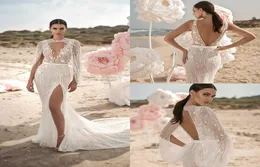 2019 Berta Meerjungfrau Brautkleider mit Wickelspitze 3D Blumenapplikation Perlen Strandhochzeitskleid Vestito da Sposa Side Split Boho Br1708765