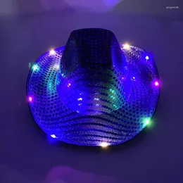 Berets Bunte blinkende LED-Perlglanz-Cowboy-Hut-Tanzparty schmücken leuchtende Cowgirl-Kappe, die für Neon-Nachtclub leuchtet