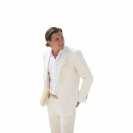 linen Wedding Tuxedo for Men Beach Slim Fit 2 Pieces Suits Summer Fi Style Groom's Attire Notched Lapel Jacket with Pants H5u4#