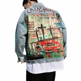 Aboorun Herr Hip Hop Denim Jackets Fi Graffiti Tryckt denim Jackets Streetwear Oversize Coat för manlig R1200 87J6#