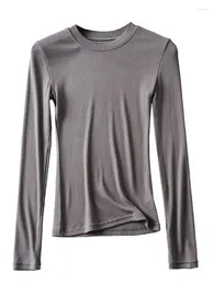 Frauen T Shirts 2024 Frauen Kleidung Baumwolle Kintted Tops Beiläufige Dünne Elastische Oansatz Voll-hülse T-shirt