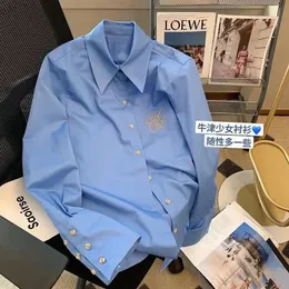 Xej zarif kadınlar bluz bahar kıyafetleri bayanlar Kore mavi işlemeli gömlek kadınlar için gündelik büyük boy 240322