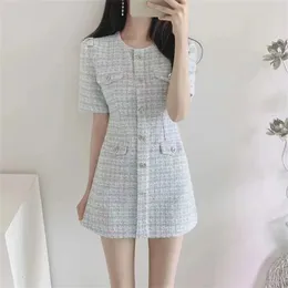 Chic Office Lady O Neck Puff Sleeve Dress Women Slim Waist Short Tweed Summer Dresses ALine Plaid Mini Vestidos F256 240321