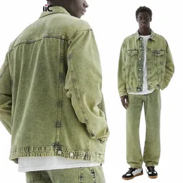 Reddachic Hip-Hop Men Green W Denim Jacket Stitch Casual LG Sleeves Y2K Demi-Seas Bomber Jacket Cowboy Overdimensionerad kappa J1RG#