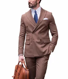 New Men Brown Tuxedos Groomsman Prom Prom Party Party Suital Busin Suit 2 قطعة سترة وسروال A05 L2XD#