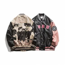 Streetwear Letter Embroid Motorcykel PU LÄDER JACKE MÄNS BASEBALL BOMBER COER UNISEX Women's Oversize Varsity Vintage Chic D4U6#