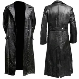 Herren DEUTSCHER KLASSISCHER WW2 MILITÄR UNIFORM OFFIZIER SCHWARZES LEDER TRENCHCOAT g6Bi#