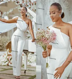 Macacões brancos africanos vestidos de casamento 2021 um ombro cetim noiva recepção macacão feminino calça ternos vestido de noiva3889623
