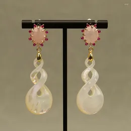 Dangle Earrings GG Jewelry Natural White Sea Shell Pearl Carved CZ Pink Rose Quartz Stone Stud Women 's