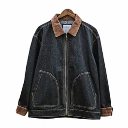 corduroy Men's Denim Jacket Collar Casual Safari Coat Outdoor Vintage Clothing for Male G9eT#