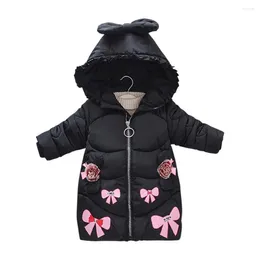 Пуховое пальто, хлопковые теплые утепленные детские зимние модные толстовки с капюшоном на молнии с длинными рукавами и бантом для девочек, верхняя одежда