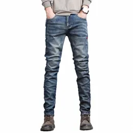 2024 Новые мужские джинсы Four Seass, винтажные синие однотонные эластичные классические джинсы, мужские узкие джинсовые брюки, мужские 27-38 01Zc #