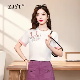 ZJYT Summer T Shirts for Women Chinese Style Embroidery Vintage TShirts Female Tang Clothes Casual Tops Camisetas Tees Hanfu 240326