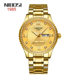 Diamond Set Gold Watch Double Calender 3Pin Solid Steel Strap Mens Watch