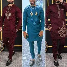 Kaftan Luxury Men Suit Embroied Top Trousers 2 Piece Set Dashiki African Traditional Ethnic Style Clothes For Man Wedding Dress 240313