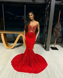 Luxo vermelho strass veludo lantejoulas vestido de baile blackgirl sereia festa feminino elegante ver através vestidos formais 240327