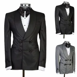 Moderna herrdräkter skräddarsydda 2 stycken Jacquard Blazer Black Pants Chinese Knot Groom Sheer Lapel Plaid Stripes Anpassade plus storlek H604#