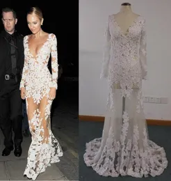 Vestidos de celebridades imagens reais pura candice swanepoel marfim rendas apliques sobre ilusão nu tule manga longa vestidos de noite 4896768