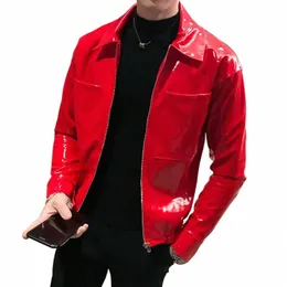 Блестящая кожаная куртка Мужская сценический костюм Красный Черный Коричневый Ночной клуб Клуб Мужская кожаная куртка Сплошной цвет Тонкая мужская куртка Пальто B48m #