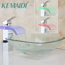 Bathroom Sink Faucets KEMAIDI Washbasin Modern LED Chrome Faucet Square Basin Up Drain Glass Lavatory Set