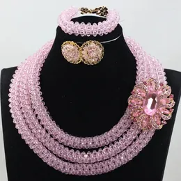 Colar brincos conjunto chunky nigeriano frisado jóias conjuntos de contas de cristal bebê rosa moda jóias artesanais contas de noiva abh398