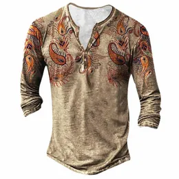 men Vintage Ethnic T-Shirts Western Ethnic Floral Print Tee Tops Classic Trendy V-Neck Butt Lg Sleeve Tees Casual Streetwear q3ku#