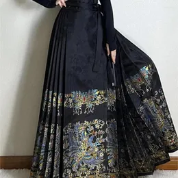 Gonne Lussuose pieghe stampate floreali nere lunghe per le donne Gonna Hanfu modificata in stile cinese con faccia di cavallo elegante