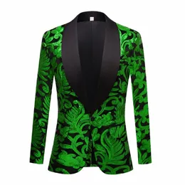 Shiny Green Floral Sequin Tuxedo Blazers Men One Butt Shawl Collar Dr Suit Jacket Fest Dinner Wedding Prom Singer Costume Y4NV#