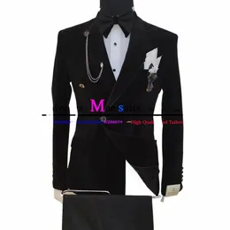 2 sztuki czarne veet męskie zestaw garnituru Slim Fit podwójnie piersi Busin Mężczyźni NOWOŚĆ DROADSMENT GROOMSMEN FORMALNY Blazer+Spodnie T3Z1#