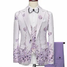 GN 2023 Nova Série Homens Ternos Blazer Bonito Lilás Roxo Padrão Floral Smoking 3 Peças Traje de Festa Formal Homme Slim Fit X2Mq #