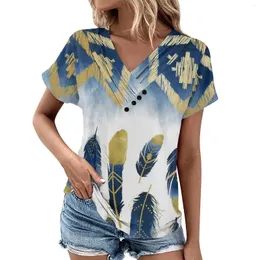 T-shirt da donna Piume colorate Stampa T-shirt Abbigliamento donna Top in cotone Per casual Scollo a V pieghettato Bottone Manica corta T-shirt Femme