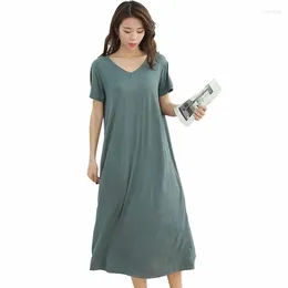 Parti Elbiseleri 2024 Yaz İnce İnce Kısa Kollu Nightdress Kadınlar Modal Gevşek Maksi V-Neck bölünmüş zarif Rahat Katı Elbise Kadın G415