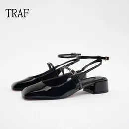 Traf High Heels Mary Janes Shoes For Women Pumps klackar Fashion Double Buckle Strap Pumps Woman Black Patent Leather Shoes 240321