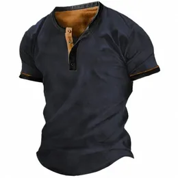 2023 herrskjortor Henley Plain Shirt V-ringad tryckt topp vintage Cott överdimensionerade t-skjorta män harajuku kläder streetwear homme t68s#