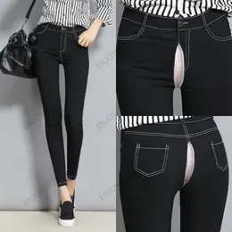 Leggings femininas invisível virilha aberta ao ar livre sexo estudante cintura alta elástica linha branca imitação denim calças magras lápis