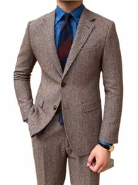 Herringbe Men's Suit 2 sztuki Blazer Spodnie Single Bered Peaked Lapel Tuxedo Fi Tuxedo Busin Modern Wedding Groom L0UI#