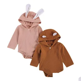 Jumpsuits Born Baby Girls Boys Romper Solid Bear Uch Ear z kapturem z kapturem przycisk długiego rękawu Piękny 0-18m Drop dostawa dla dzieci ubranie macierzyńskie romp dhv97