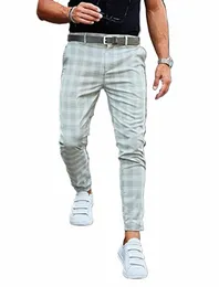 Marca Men's Stripe Plaid Calças Casuais Homens Cott Four Seass Calças Busin de Alta Qualidade Slim Straight Pantal Homm R12d #