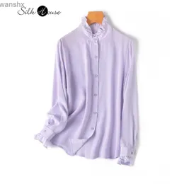 Bluzki damskie koszule damskie moda sprężyna nowa waniliowa fioletowa 100% naturalna jedwabna morska krepa dezy china stojąca szyja długi rękaw prosta koszula 240328