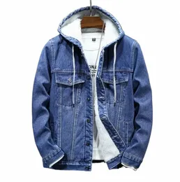 2023 New Thicker And Wr Men's Hooded Denim Jacket Winter Lambswool Hooded And Padded Denim Jacket Size M-4XL I1Sv#