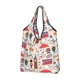 Sacos de armazenamento Londres padrão mercearia compras kawaii shopper ombro tote grande capacidade portátil bandeira britânica reino unido vermelho ônibus bolsa