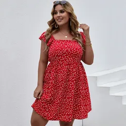 Plus Size Sommer-Boho-Kleid mit quadratischem Ausschnitt und Blumendruck, kurze Rüschenärmel, Herz, lässig, groß, Strand, Sonne, 7XL 240312