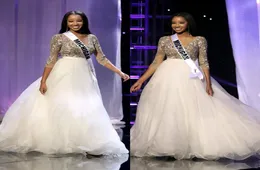 The Miss Teen USA 2019 미인 대회 유명 인사 드레스 섹시 V 목 34 긴 소매 아플리케 라인 공식 저녁 행사 드레스 9915233