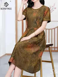 Partykleider BirdTree Echte Seide XiangYunSha Frauen Rundhals Kurzarm Drucken Elegantes A-Linie Kleid 2024 Frühling D42294QD