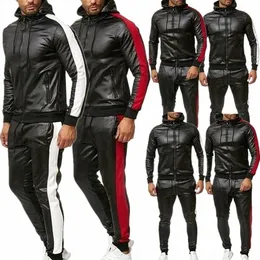 new Mens Pu Leather Hoodies Set Casual Sweatsuit Hooded Jacket And Pants Jogging Suit Tracksuits d9Ht#